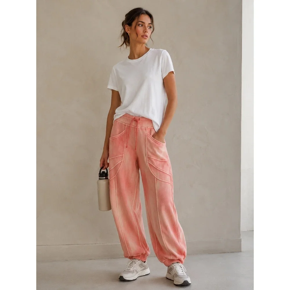 Daily Practice Joggers Women S Coral Pink Acid Wash Cargo Sweatpants Barrel - Picture 1 of 13